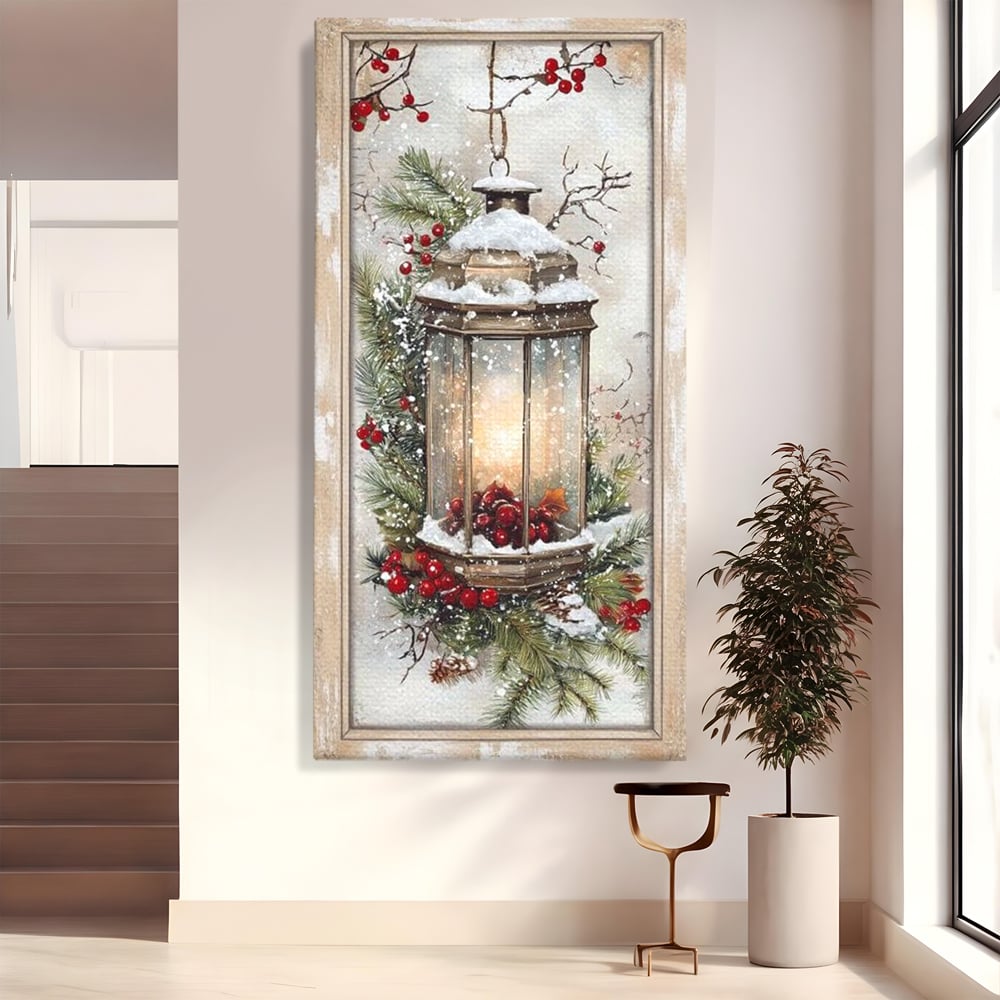 Tablou canvas cu tablou canvas cu felinar de iarna, fara rama, pe sasiu de lemn